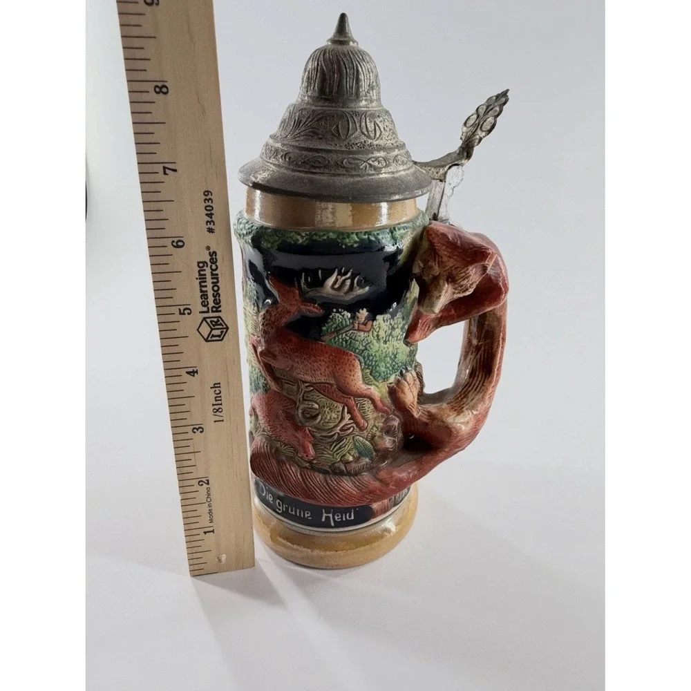 Vintage E&R Golden Crown Beer Stein Die Grune Heid Deer Pewter‎ Lid Germany